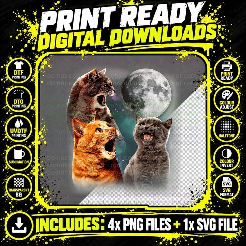 3 Cat Moon Howling Cat Head for Cat Lover, Cat Dad Png SVG Digital Bundle