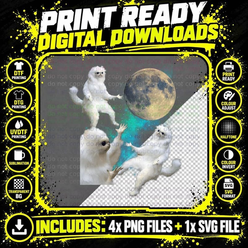 3 Cats Moon Funny Three Cats Howling at Moon Funny Meme Png SVG Digital Bundle