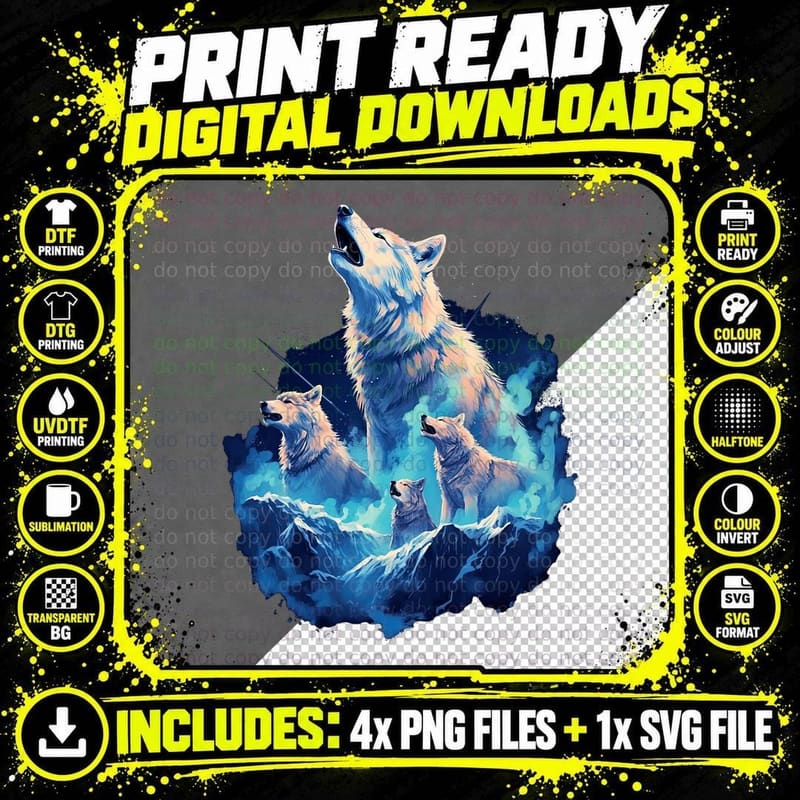 3 Wolf Moon Howling Funny Wolves Pack of Wolves Png SVG Digital Bundle