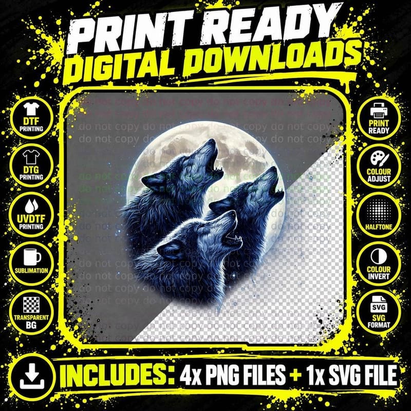 3 Wolves Howling at the Moon Wolf Animal Png SVG Digital Bundle