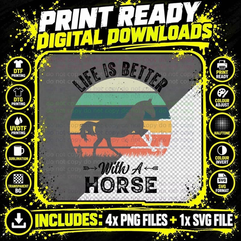 A Horse T-Shirt, Horse Silhouette Against Colorful Png SVG Digital Bundle