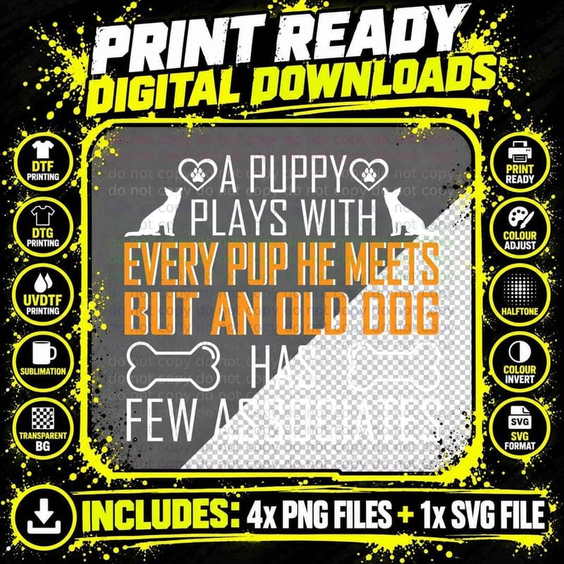 A Puppy Plays with Every Pup He Meets but an Old Dog Has Png SVG Digital Bundle