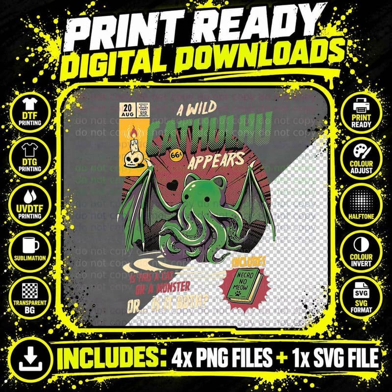 A Wild Cathulhu Appears a Cat or Monster Funny Png SVG Digital Bundle