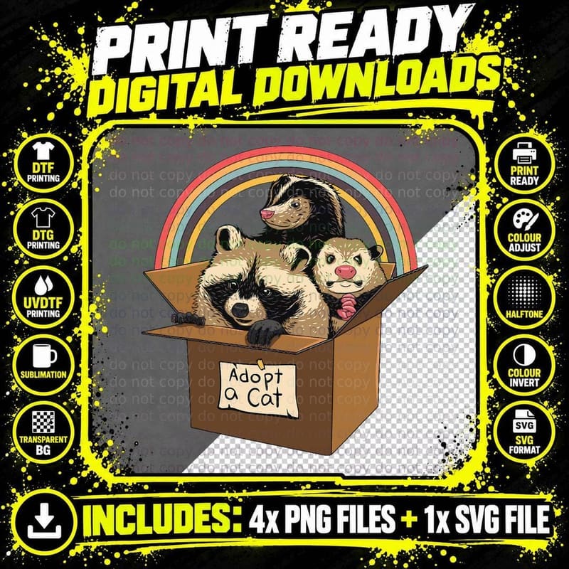 Adopt a Cat Raccoon Opossum Skunk Street Cat Trash Panda Png SVG Digital Bundle