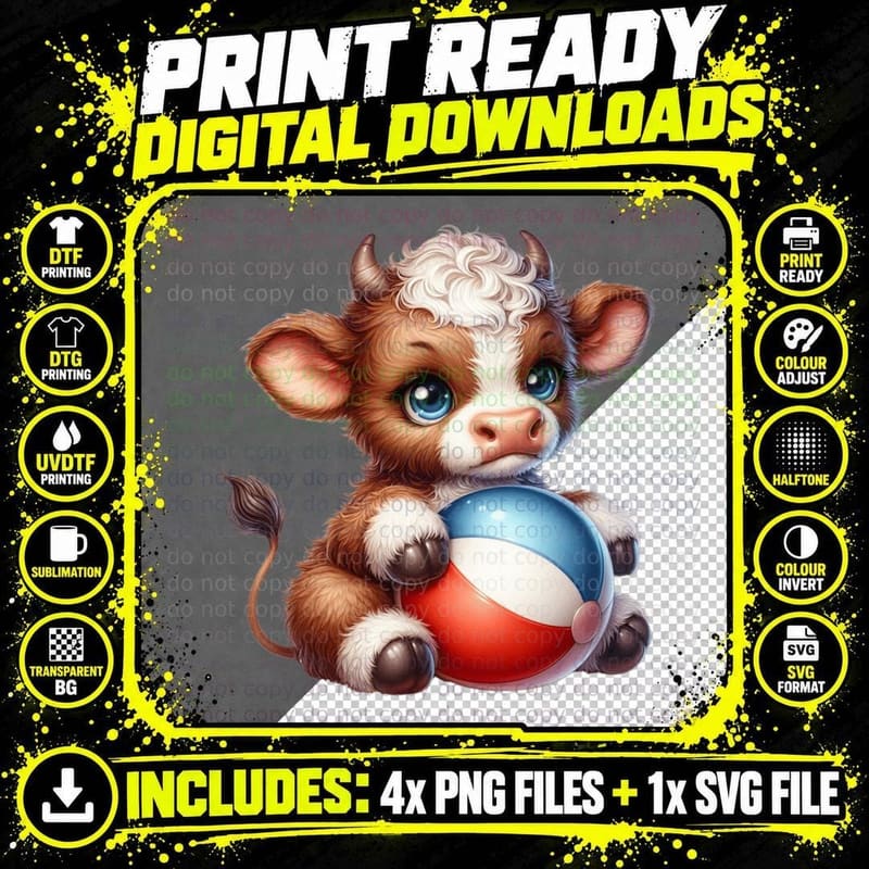 Adorable Cow Holding a Beach Ball Highland Cow T-Shirt Png SVG Digital Bundle
