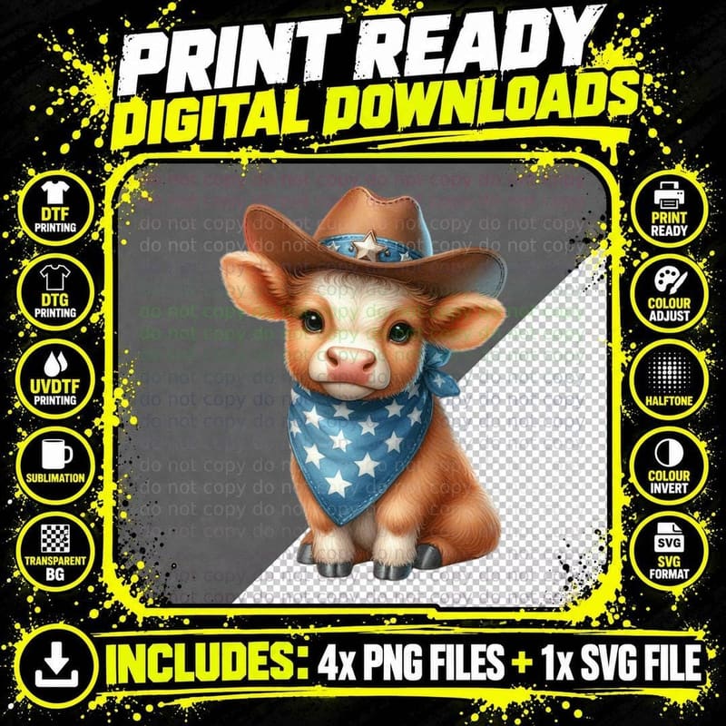 Adorable Cow Wearing Cowboy Hat and Bandana Highland Cow Png SVG Digital Bundle