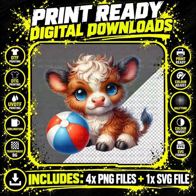 Adorable Fluffy Animal with Beach Ball Highland Cow Png SVG Digital Bundle