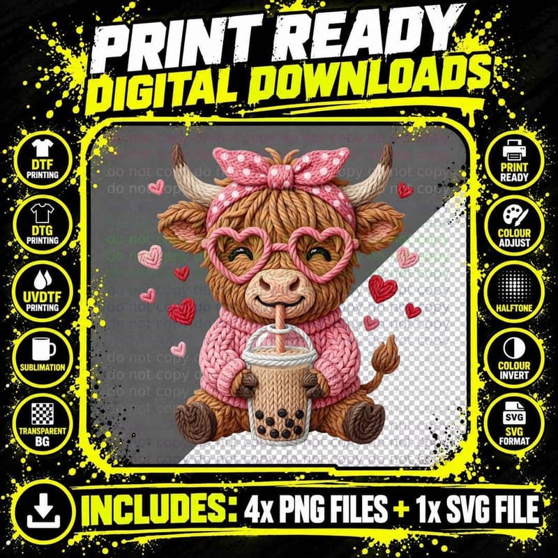 Adorable Highland Cow Drinking Bubble Tea Mama Crochet Png SVG Digital Bundle
