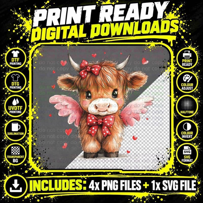 Adorable Highland Cow with Wings and Hearts Highland Cow Png SVG Digital Bundle