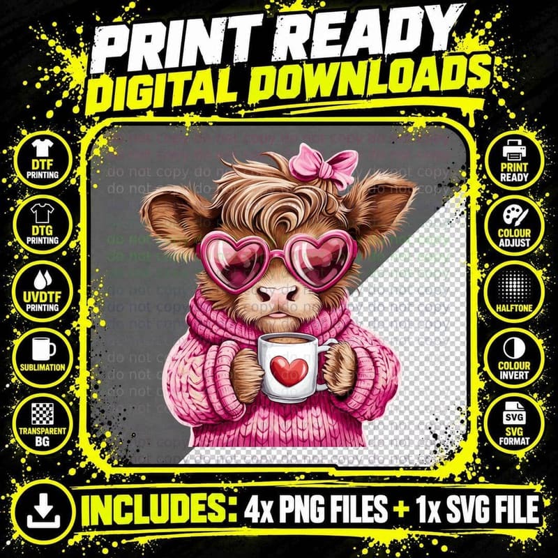 Adorable Teddy Bear with Heart Glasses Holding Highland Png SVG Digital Bundle