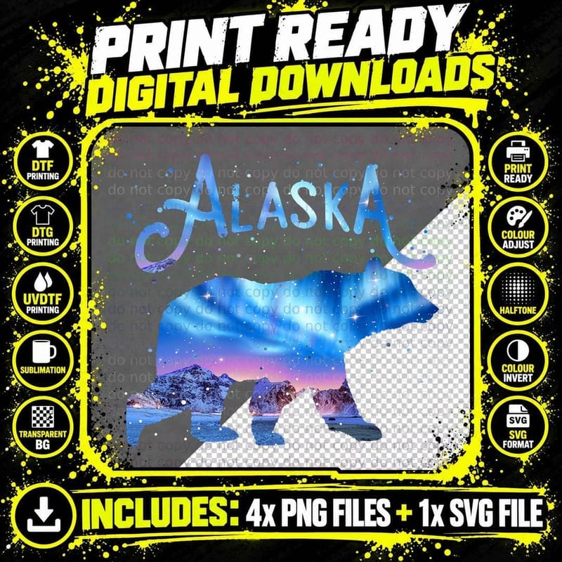 Alaska Northern Retro Lights Viewing Bear Funny Men Png SVG Digital Bundle