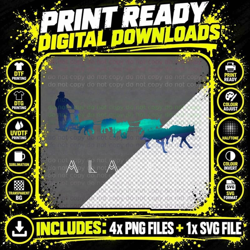 Alaska Sled Dogs Mushing Sled Dog Team Aurora Borealis Png SVG Digital Bundle