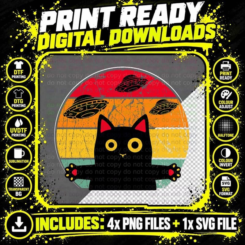 Alien Cat UFO Funny Galaxy Cat Shirt Spaceship Cat Png SVG Digital Bundle