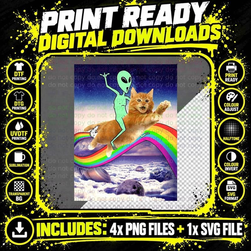 Alien Riding Cat Over Rainbow T-Shirt Png SVG Digital Bundle