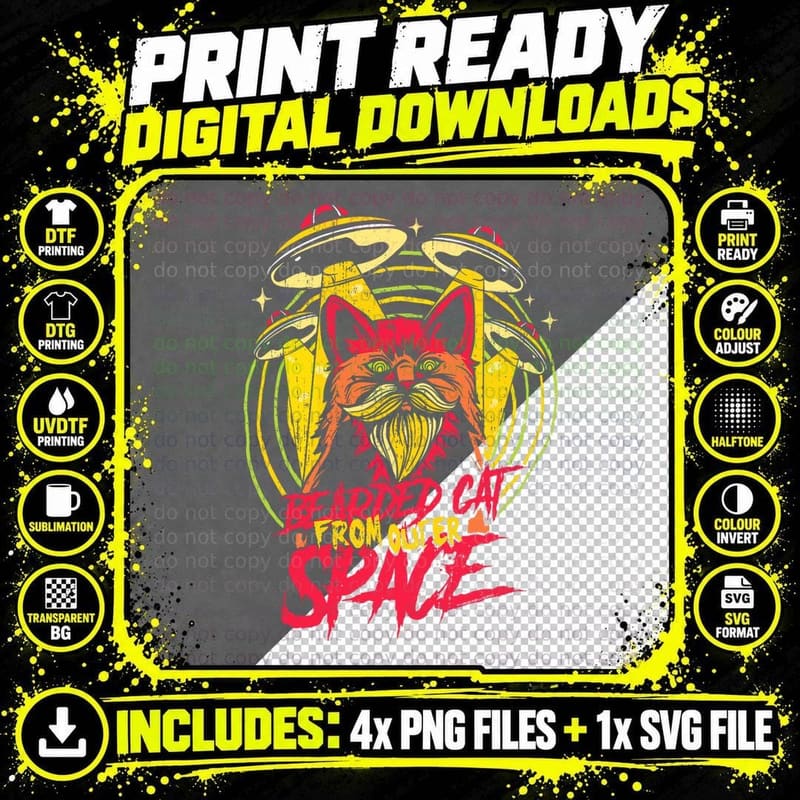 Alien UFO Bearded Cat from Outer Space, Sci-Fi Fashion Png SVG Digital Bundle
