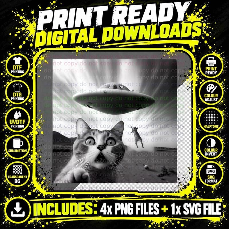 Alien UFO Funny Cat, Space Cat, Sci-Fi Humor Png SVG Digital Bundle
