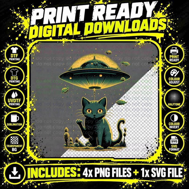 Alien UFO Funny Cat, Space Cat, Sci-Fi Humor, Men's Png SVG Digital Bundle