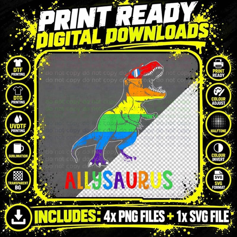 Allysaurus LGBT Shirt Dinosaur Rainbow Flag Ally LGBT Png SVG Digital Bundle
