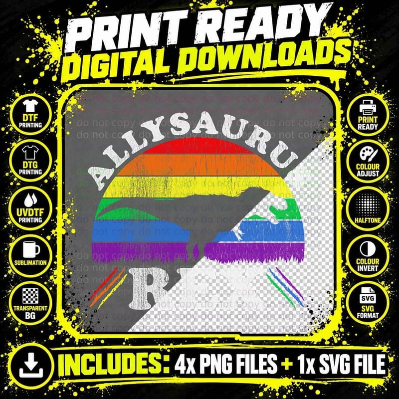 Allysaurus Rex - Dinosaur Rainbow Flag LGBT Pride Ally Png SVG Digital Bundle