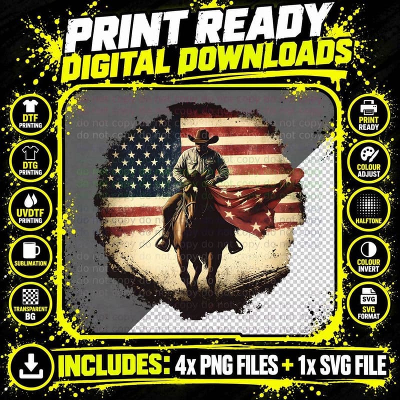 American Cowboy Riding Horse with Flag Horse T-Shirt Png SVG Digital Bundle