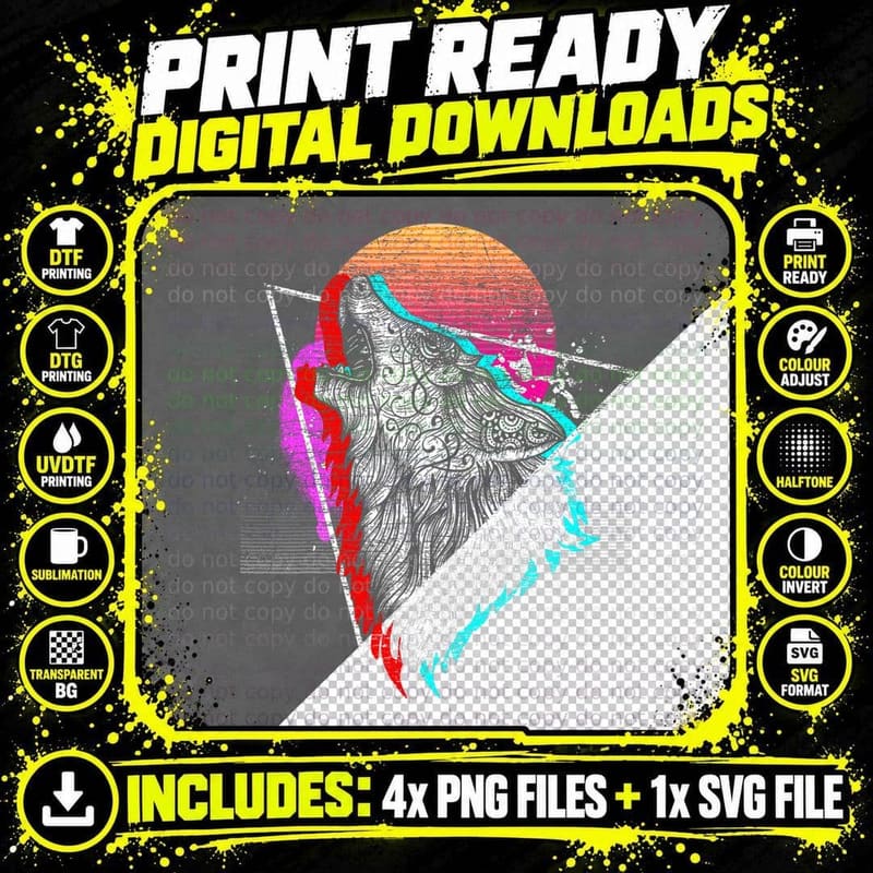 Animal Wolf 80s Art Vaporwave Aesthetic Retro Vaporwave Png SVG Digital Bundle