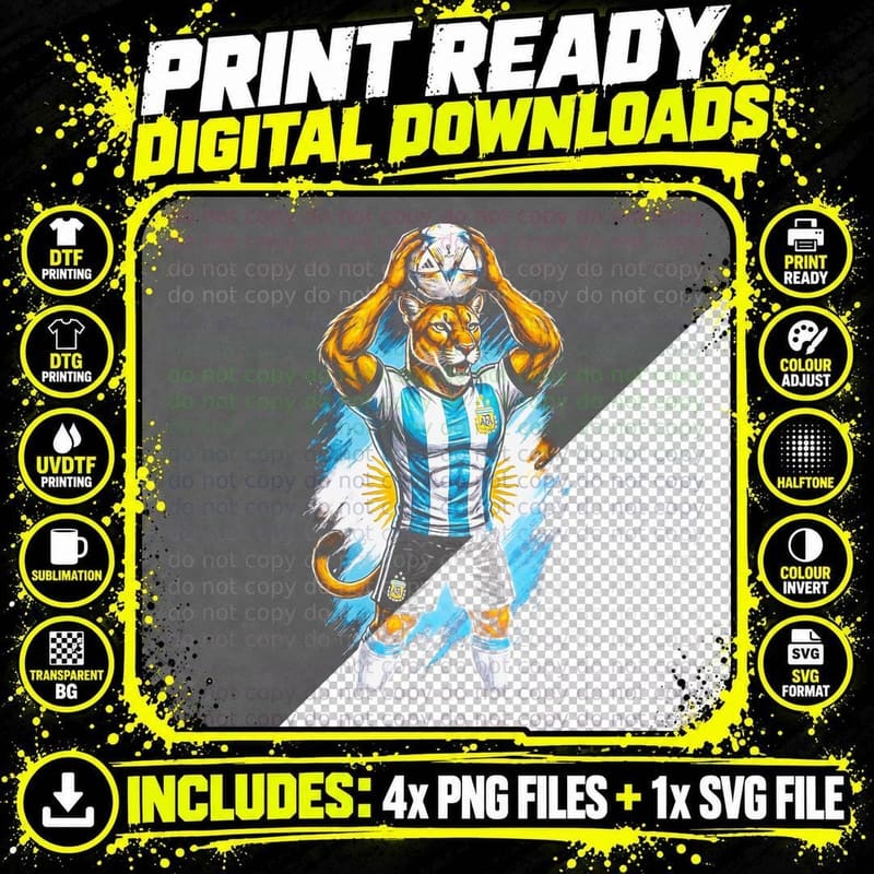 Anthro Big Cat Footballer Feline Head Argentina Png SVG Digital Bundle
