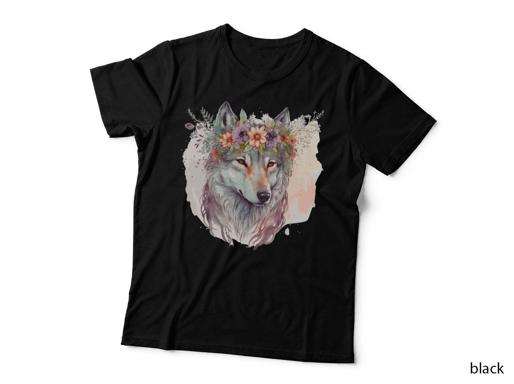 Artistic Watercolor Wolf Flower Crown Floral Animal Lovers T-Shirt