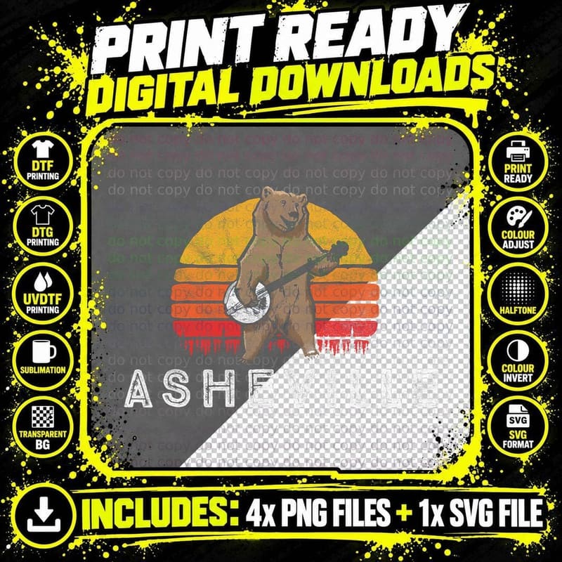 Asheville Nc Bluegrass Banjo Bear Funny Retro Graphic Png SVG Digital Bundle