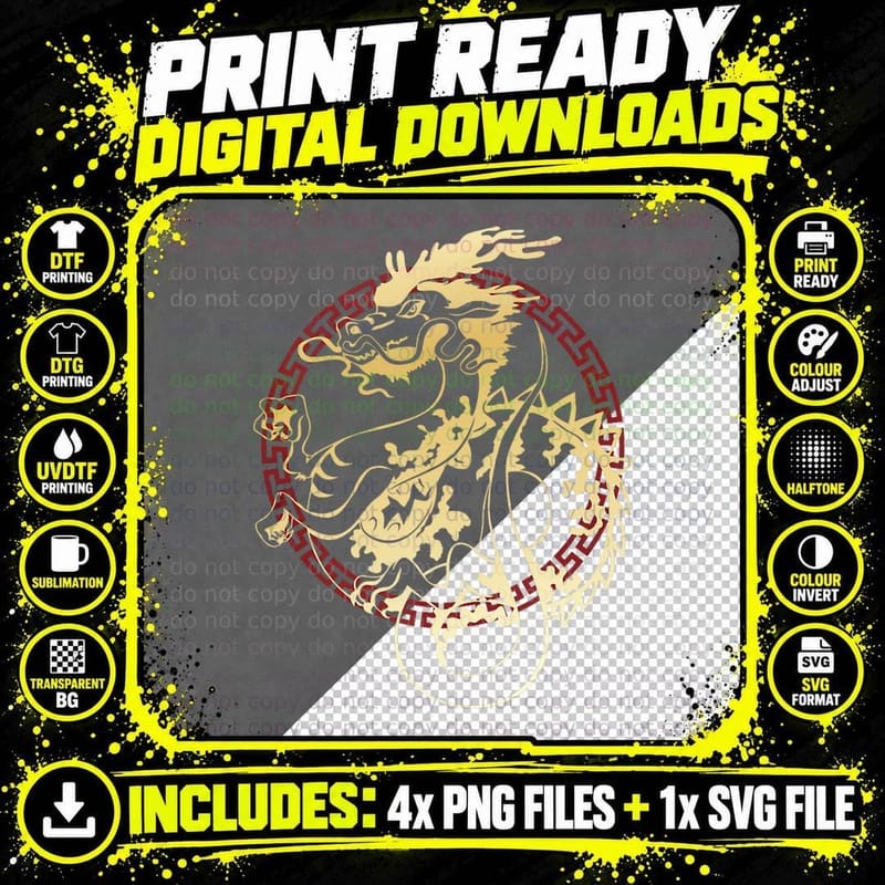 Asian Dragon Oriental with Red Chinese Wind Round Border Png SVG Digital Bundle