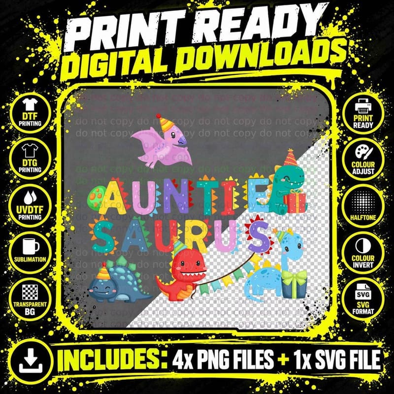 Auntie Saurus Rawr Dinosaur Family Matching Png SVG Digital Bundle