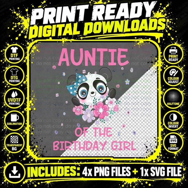 Auntie of the Birthday Girl Panda Bear Party Matching Png SVG Digital Bundle