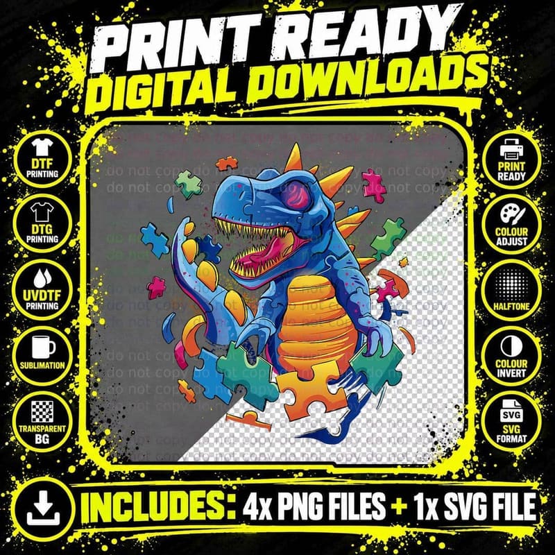 Autism Awareness Dinosaur Trex Support Puzzle Kids Boys Png SVG Digital Bundle