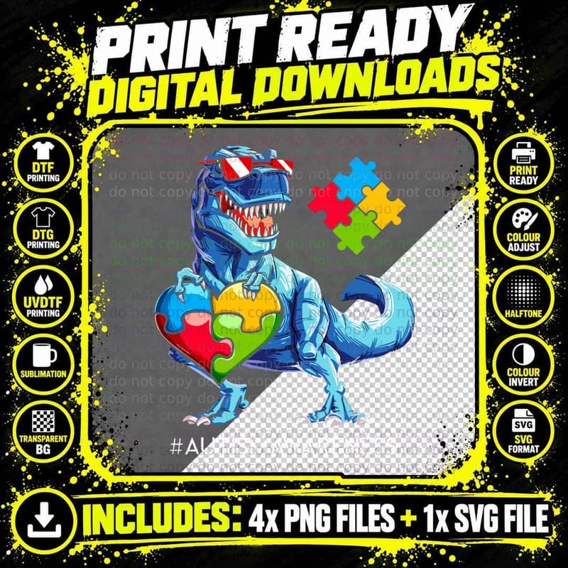 Autism Awareness Trex Dino Dinosaur Dinosaurus Men Boys Png SVG Digital Bundle
