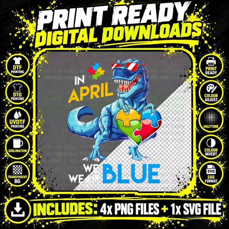 Autism Awareness Trex Dino Dinosaur Dinosaurus Wear Blue Png SVG Digital Bundle