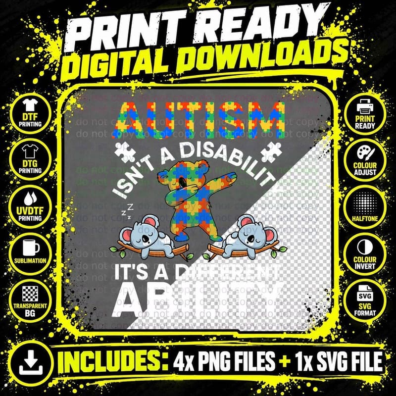 Autism Is Not a Disability Its Different Ability Koala Png SVG Digital Bundle