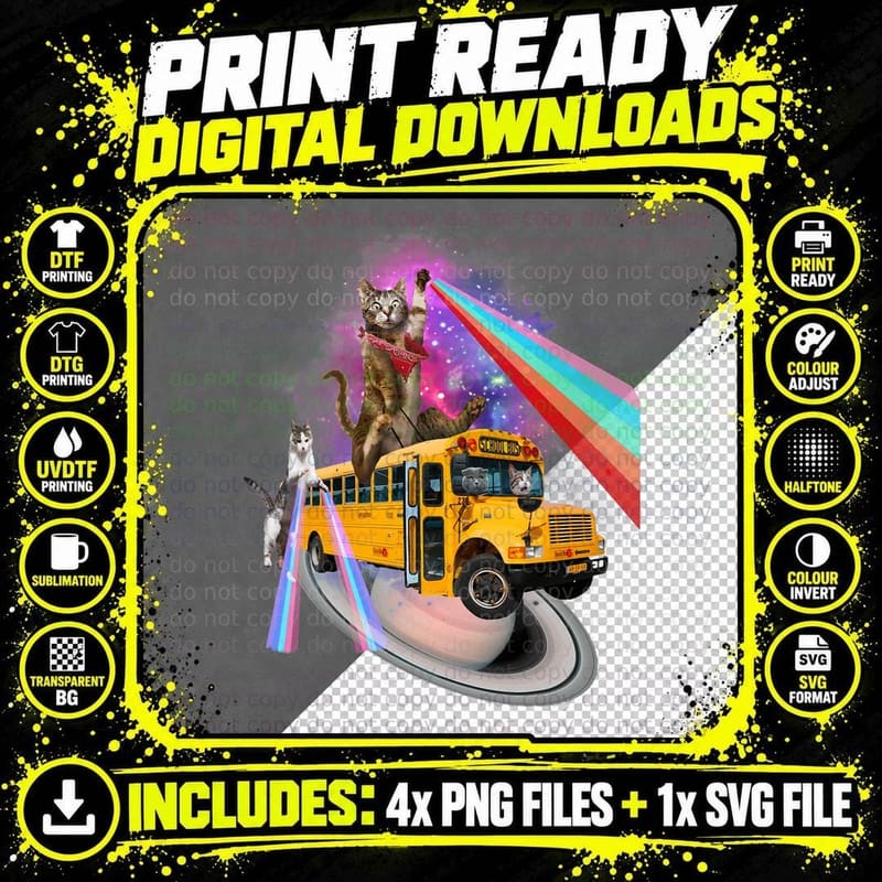 Awesome Back to School Cat Bus Rainbow Outer Space Retro Png SVG Digital Bundle