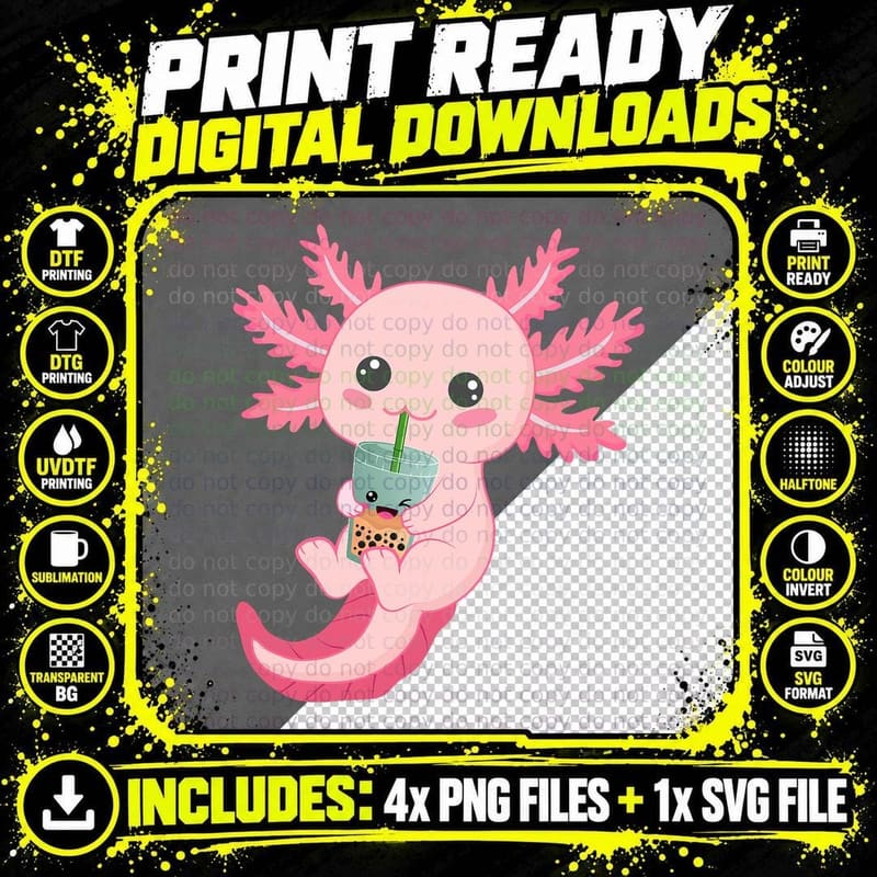 Axolotl Boba Tea Shirt for Kids, Boys and Girls Funny Png SVG Digital Bundle