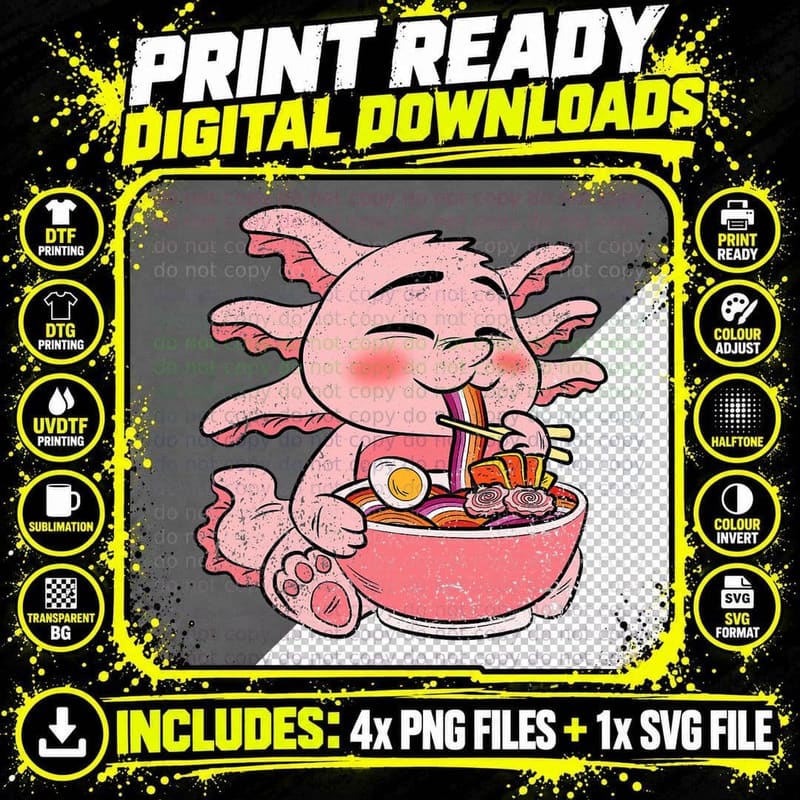 Axolotl Eating Ramen Lesbian Pride LGBT-Q Japanese Png SVG Digital Bundle