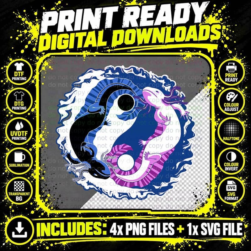 Axolotl Japanese Yin Yang Chinese Ying Yang, Unisex Png SVG Digital Bundle