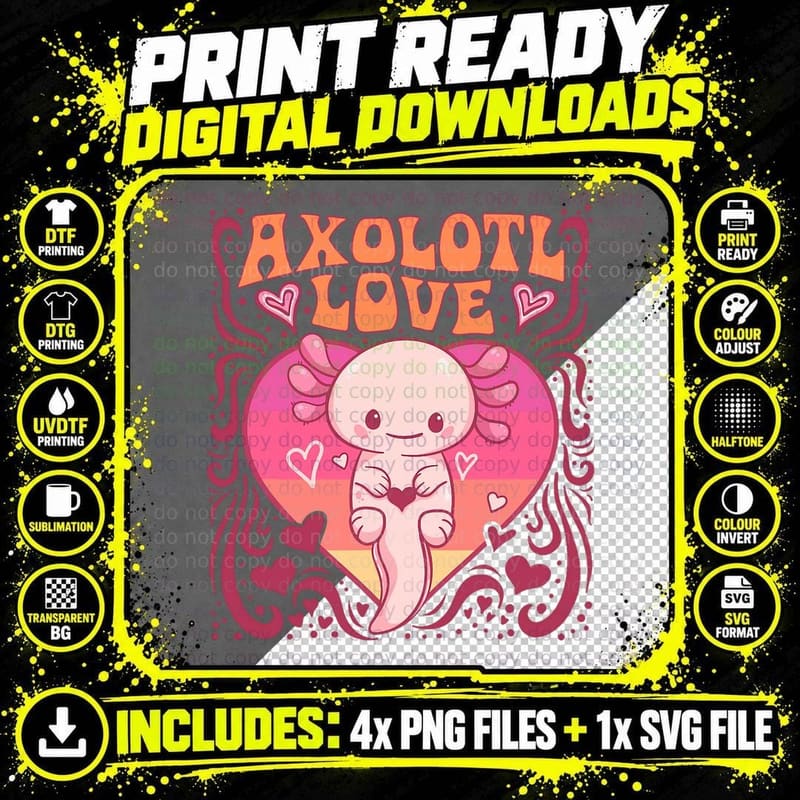 Axolotl Love Kids Girls Gifts Cute Axolotl Fish Png SVG Digital Bundle