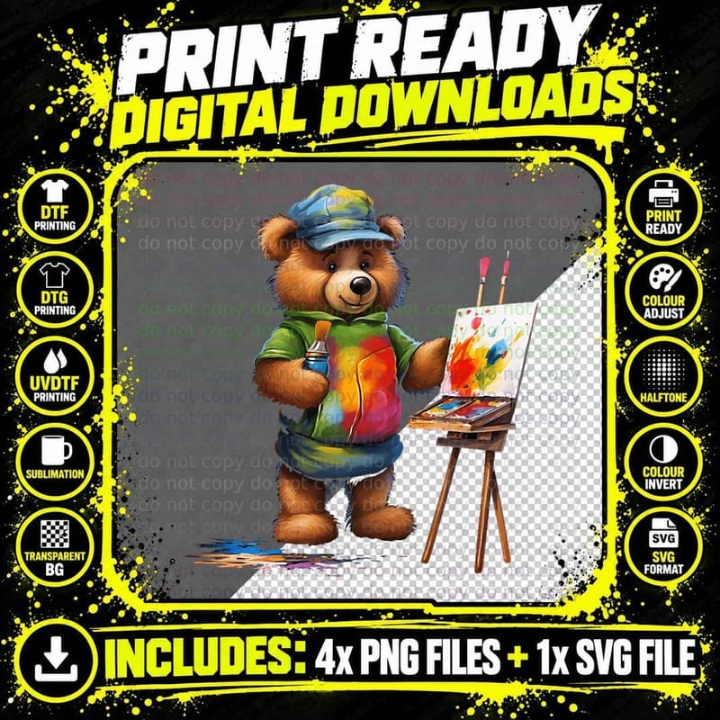Bear Artist Painter Paint Brush Palette Painting Png SVG Digital Bundle