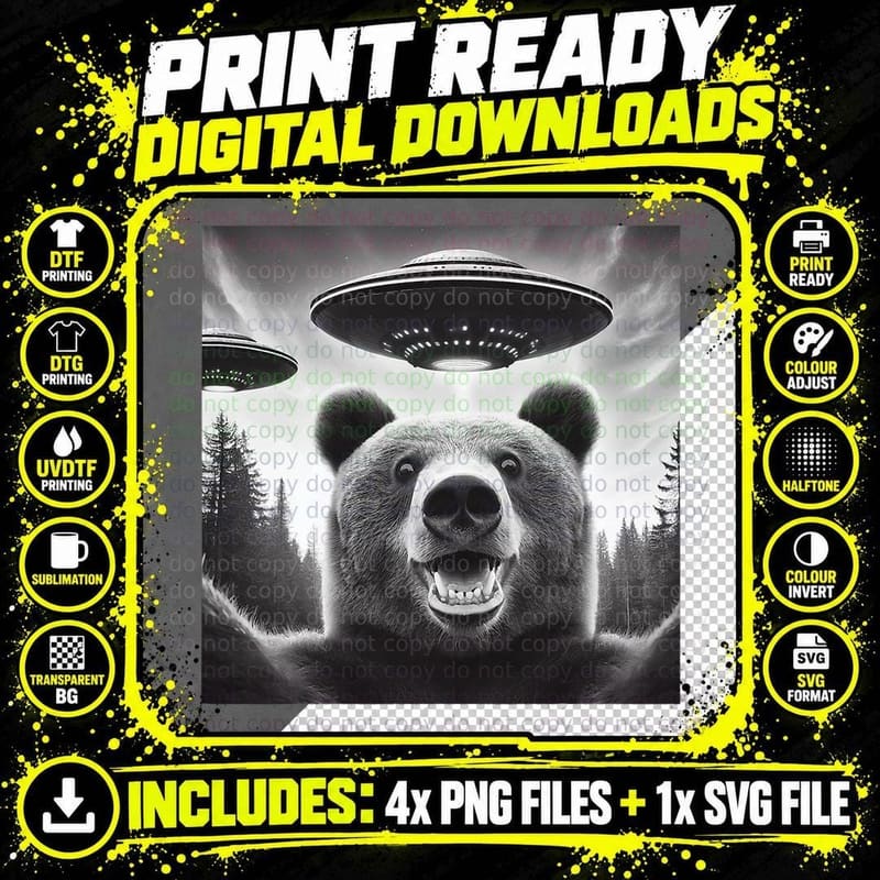 Bear Selfie with Alien UFO Funny Bear Gifts for Men Png SVG Digital Bundle