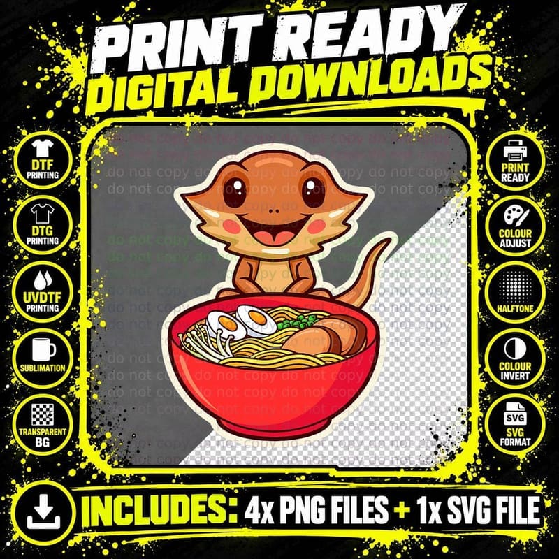 Bearded Dragon Ramen Noodles, Reptile Lover Gift Png SVG Digital Bundle