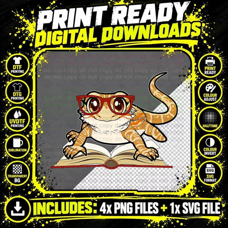 Bearded Dragon Reading Books Nerdy Glasses Cute Pet Png SVG Digital Bundle