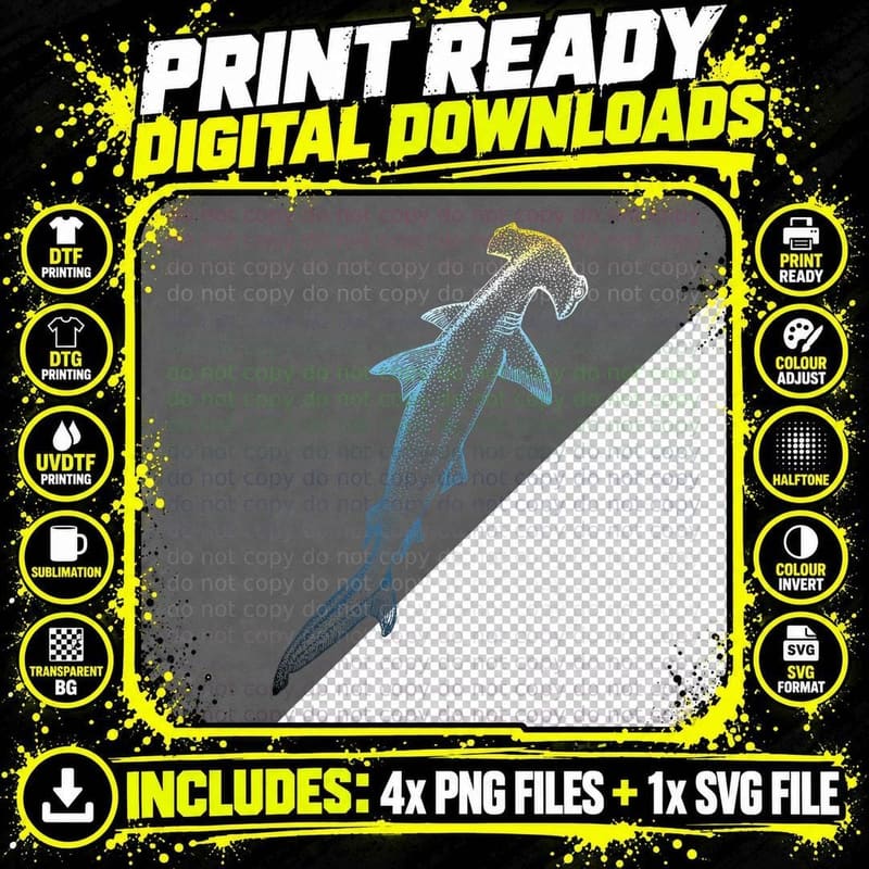 Beautiful Colors Swimming Hammerhead Shark Lovers Png SVG Digital Bundle