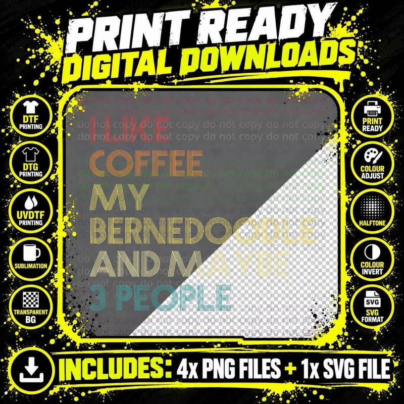 Bernedoodle Dog Owner Coffee Lovers Quote Vintage Retro Png SVG Digital Bundle