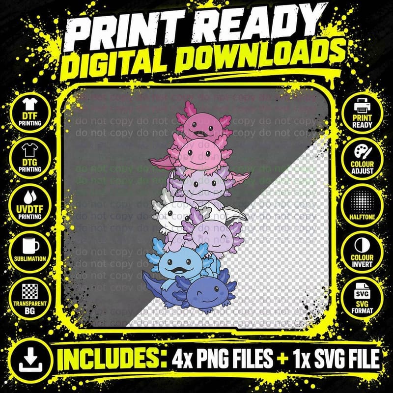 Bi Flag Bigender Pride LGBTQ Axolotl Png SVG Digital Bundle
