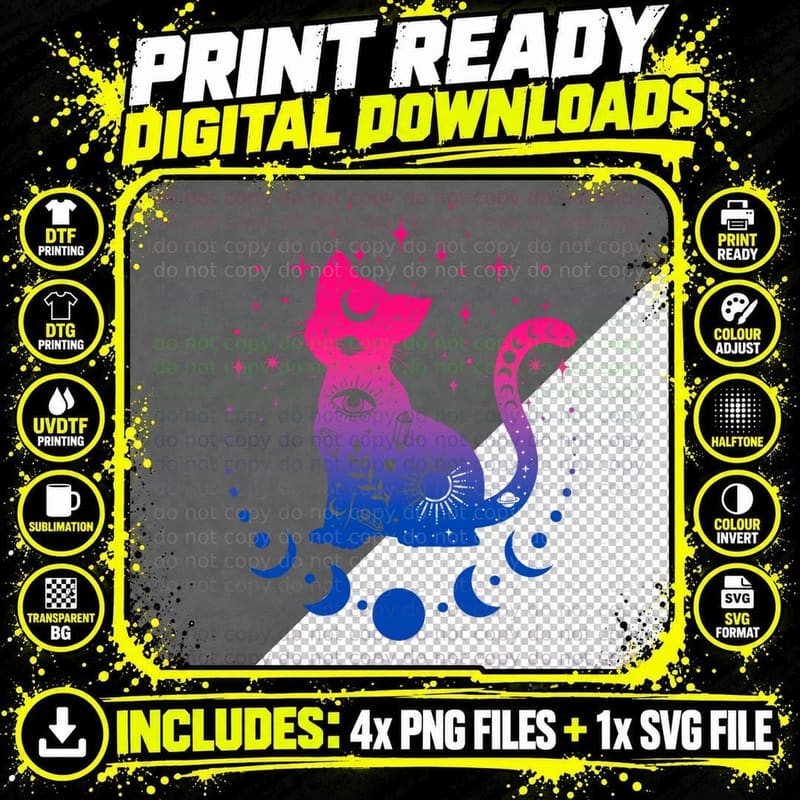 Bisexual Astrology Cat, Bi Pride Flag Colors, LGBTQ+ Png SVG Digital Bundle