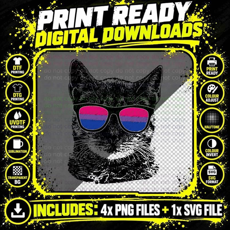 Bisexual Gay Pride Cat LGBT Sunglasses, LGBTQ+ Pride Png SVG Digital Bundle
