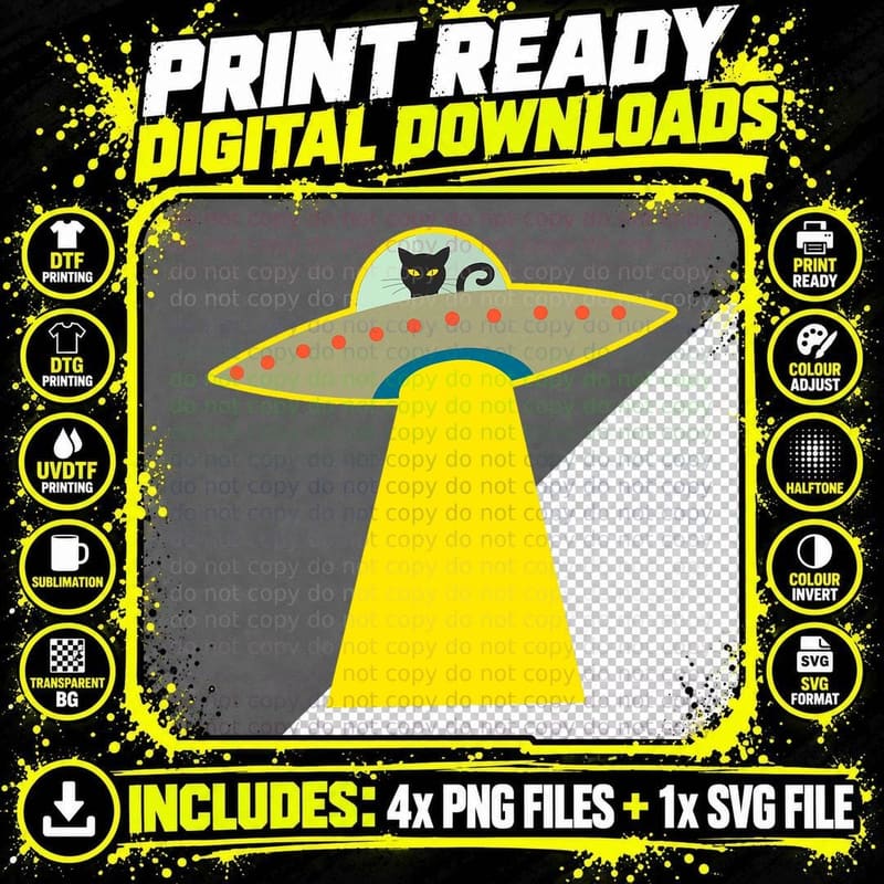 Black Alien Cat in UFO, Space Cat, Sci-Fi Fashion Png SVG Digital Bundle